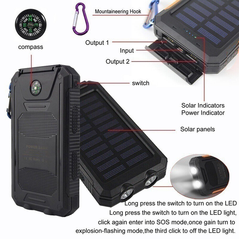 New Solar Power Bank Waterproof 2 USB LED Battery Charger For Mobile Phone