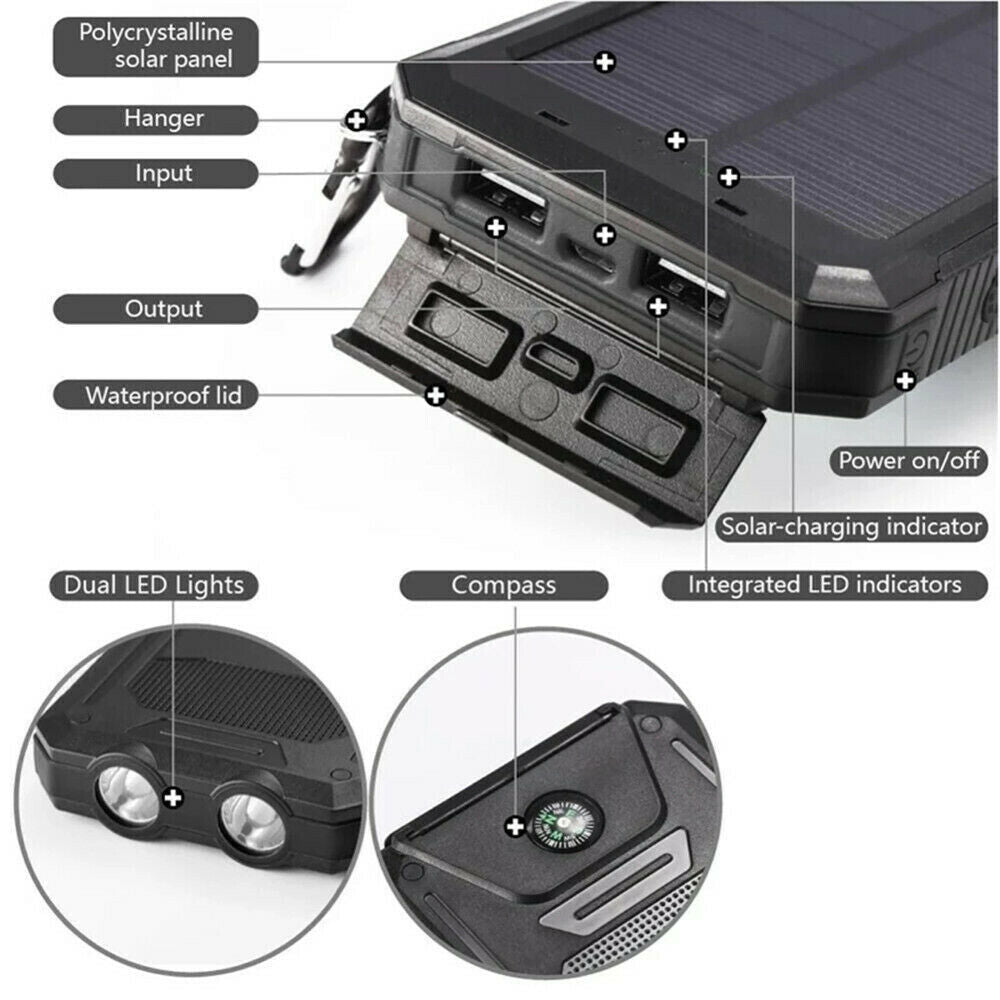 New Solar Power Bank Waterproof 2 USB LED Battery Charger For Mobile Phone